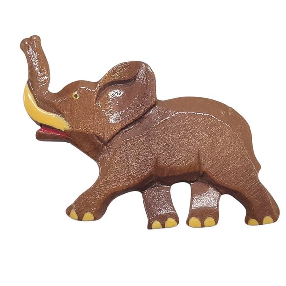 Vtg Hand-Carved Wooden Elephant Pin Brooch With Painted Details Lucky Trunk Up - Picture 1 of 9
